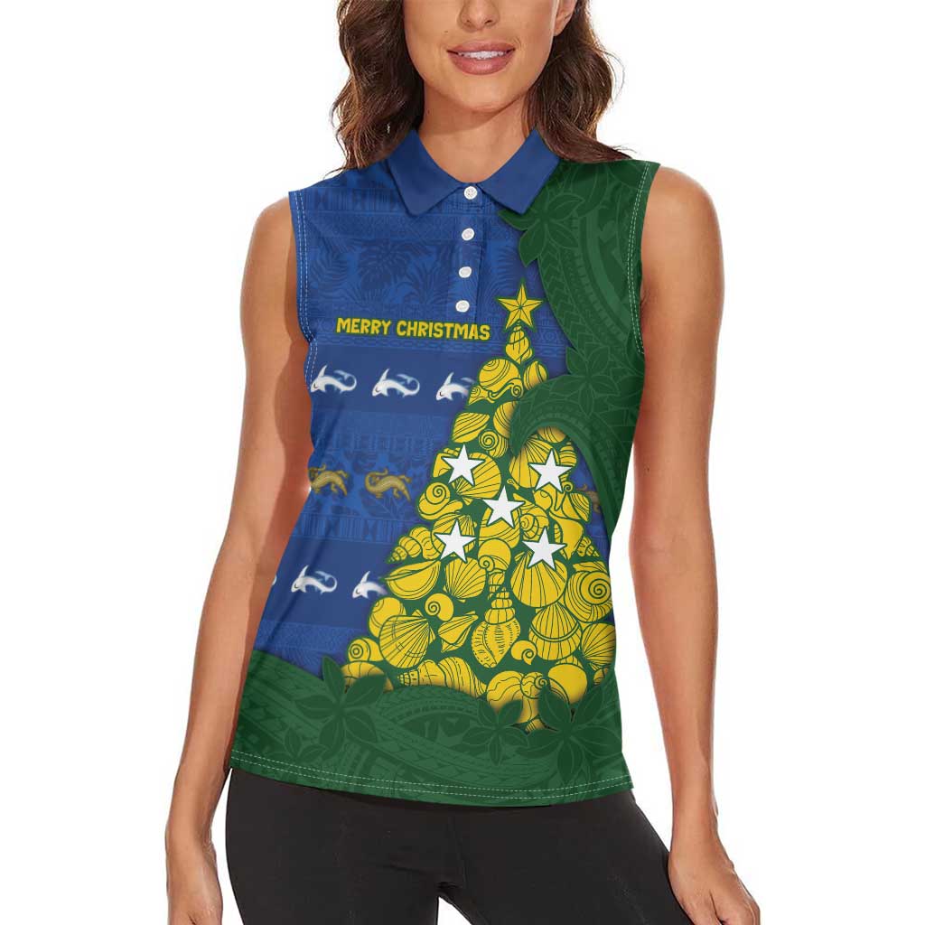 Solomon Islands Christmas Women Sleeveless Polo Shirt Seashell Xmas Tree Tribal Waves DT05 - Polynesian Pride