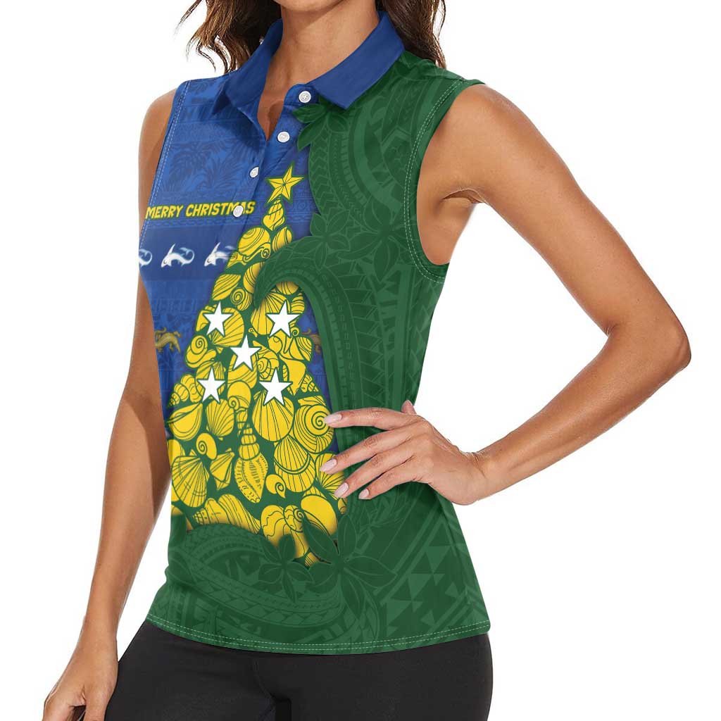 Solomon Islands Christmas Women Sleeveless Polo Shirt Seashell Xmas Tree Tribal Waves DT05 - Polynesian Pride