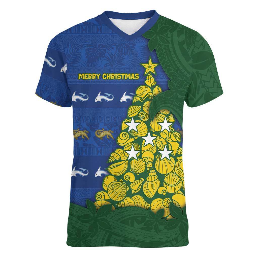 Solomon Islands Christmas Women V-Neck T-Shirt Seashell Xmas Tree Tribal Waves DT05 Female Navy - Polynesian Pride