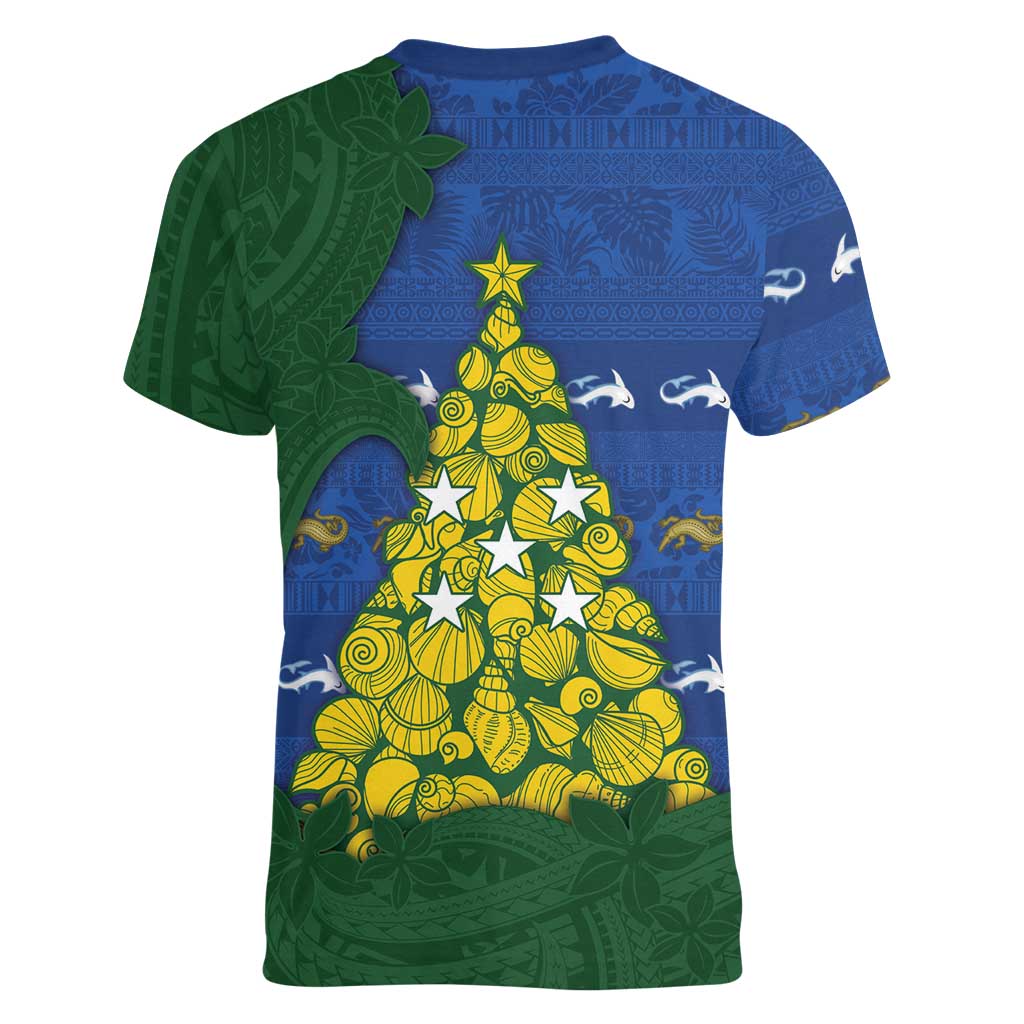 Solomon Islands Christmas Women V-Neck T-Shirt Seashell Xmas Tree Tribal Waves DT05 - Polynesian Pride