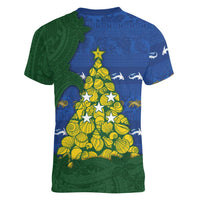 Solomon Islands Christmas Women V-Neck T-Shirt Seashell Xmas Tree Tribal Waves DT05 - Polynesian Pride