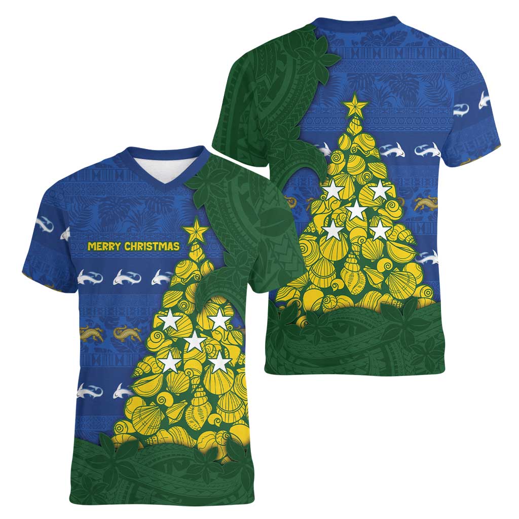 Solomon Islands Christmas Women V-Neck T-Shirt Seashell Xmas Tree Tribal Waves DT05 - Polynesian Pride