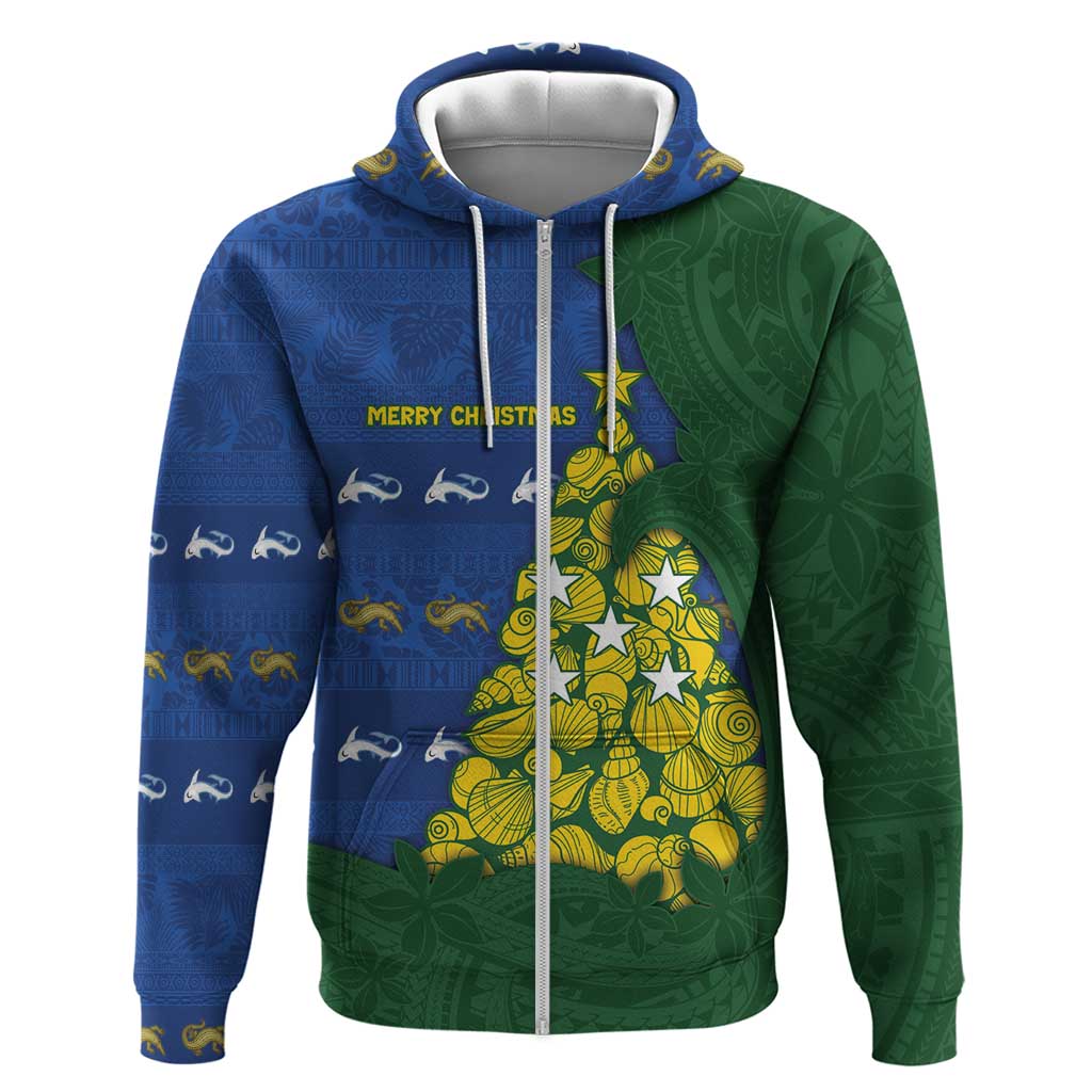 Solomon Islands Christmas Zip Hoodie Seashell Xmas Tree Tribal Waves DT05 Zip Hoodie Navy - Polynesian Pride