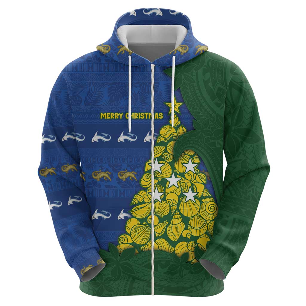 Solomon Islands Christmas Zip Hoodie Seashell Xmas Tree Tribal Waves DT05 - Polynesian Pride