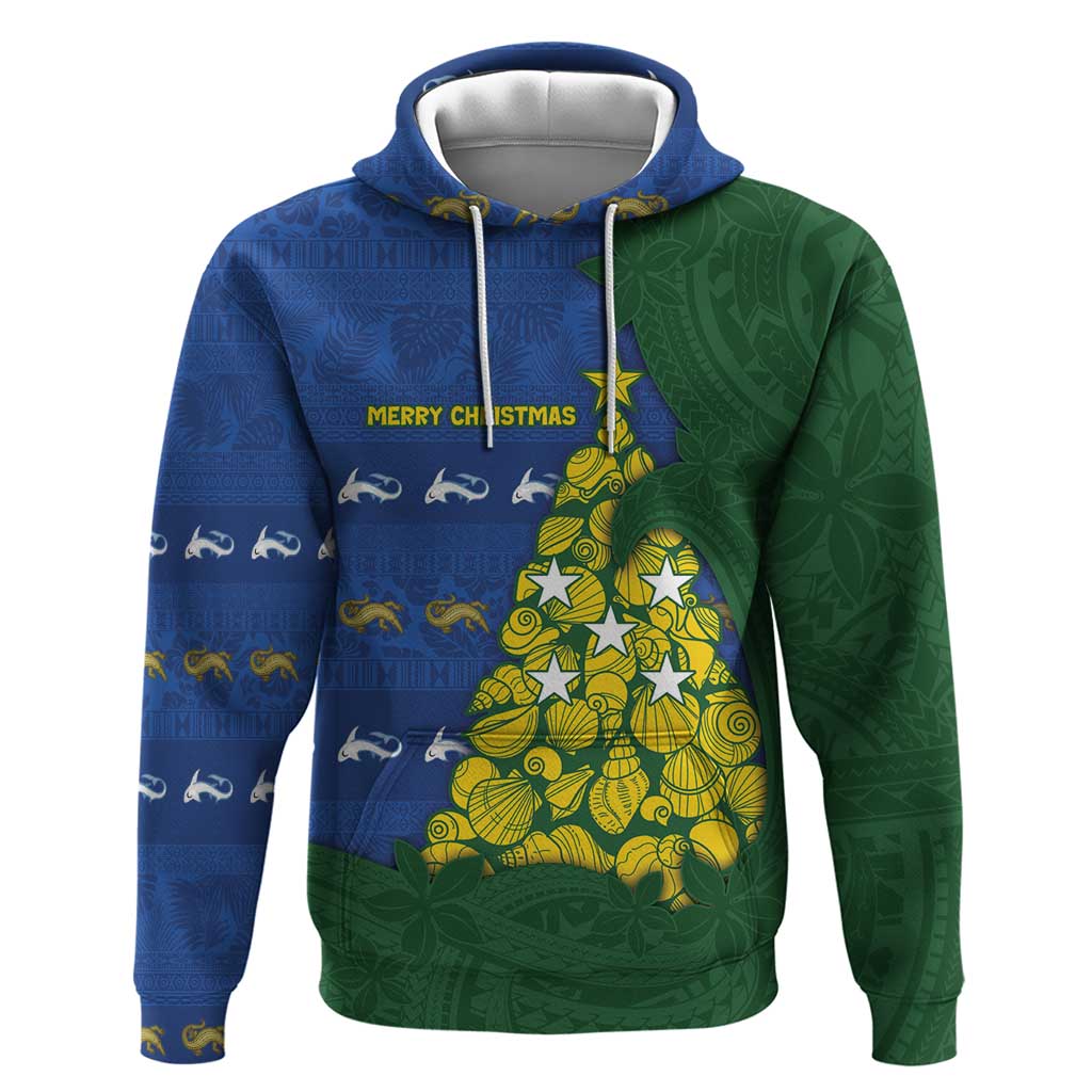 Solomon Islands Christmas Zip Hoodie Seashell Xmas Tree Tribal Waves DT05 Pullover Hoodie Navy - Polynesian Pride