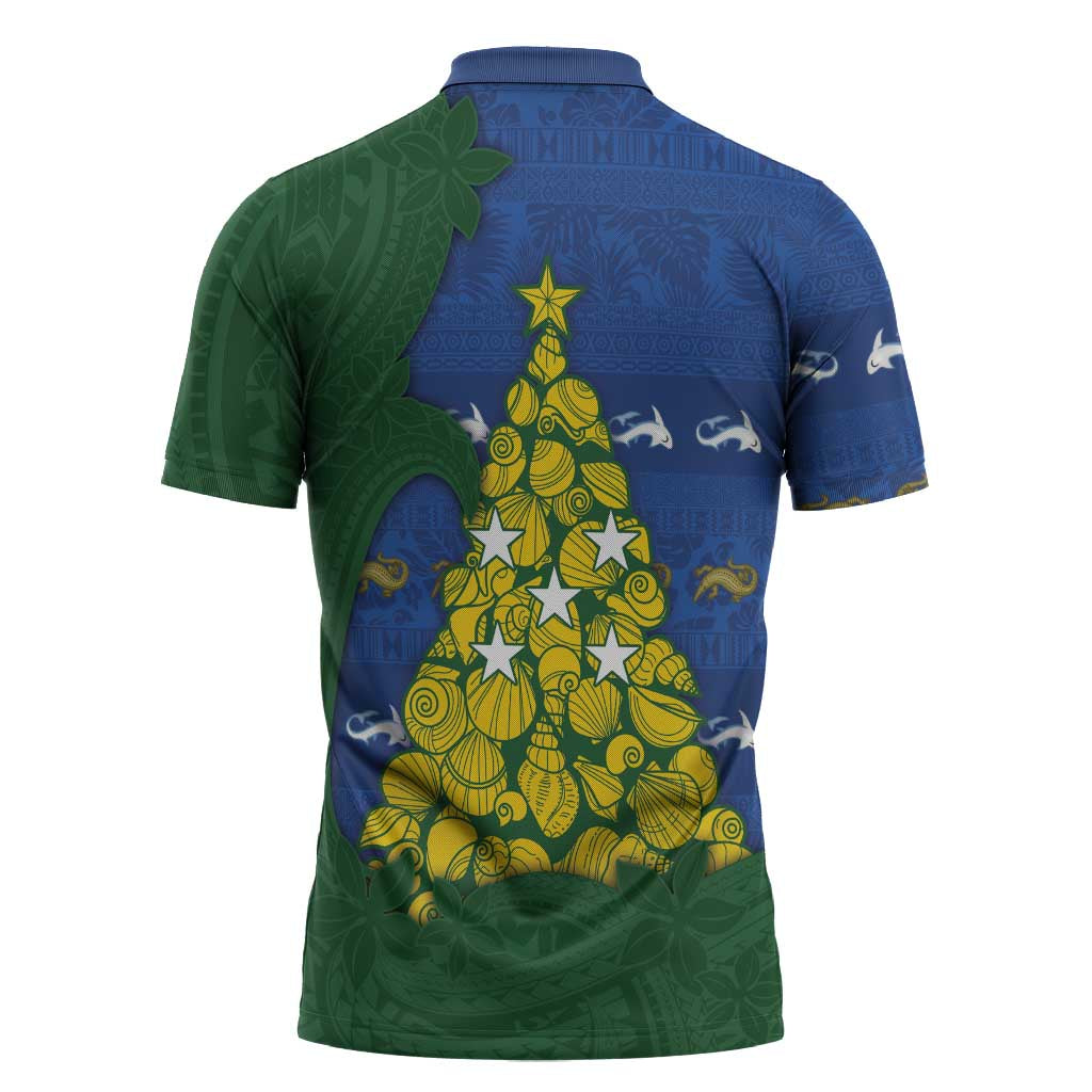 Solomon Islands Christmas Zipper Polo Shirt Seashell Xmas Tree Tribal Waves DT05 - Polynesian Pride