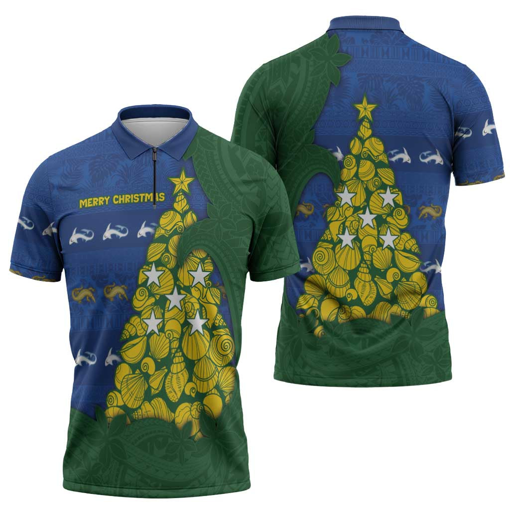 Solomon Islands Christmas Zipper Polo Shirt Seashell Xmas Tree Tribal Waves DT05 - Polynesian Pride