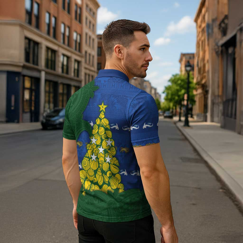 Solomon Islands Christmas Zipper Polo Shirt Seashell Xmas Tree Tribal Waves DT05 - Polynesian Pride