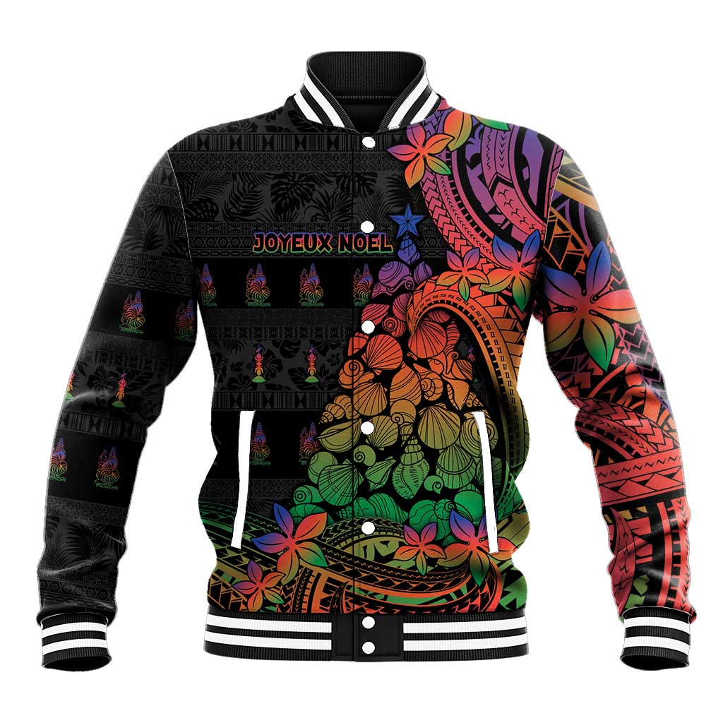 New Caledonia Christmas Baseball Jacket Seashell Xmas Tree Tribal Waves DT05 Unisex Black - Polynesian Pride