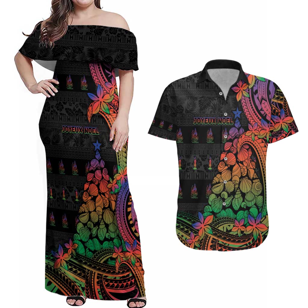 New Caledonia Christmas Couples Matching Off Shoulder Maxi Dress and Hawaiian Shirt Seashell Xmas Tree Tribal Waves - Polynesian Pride
