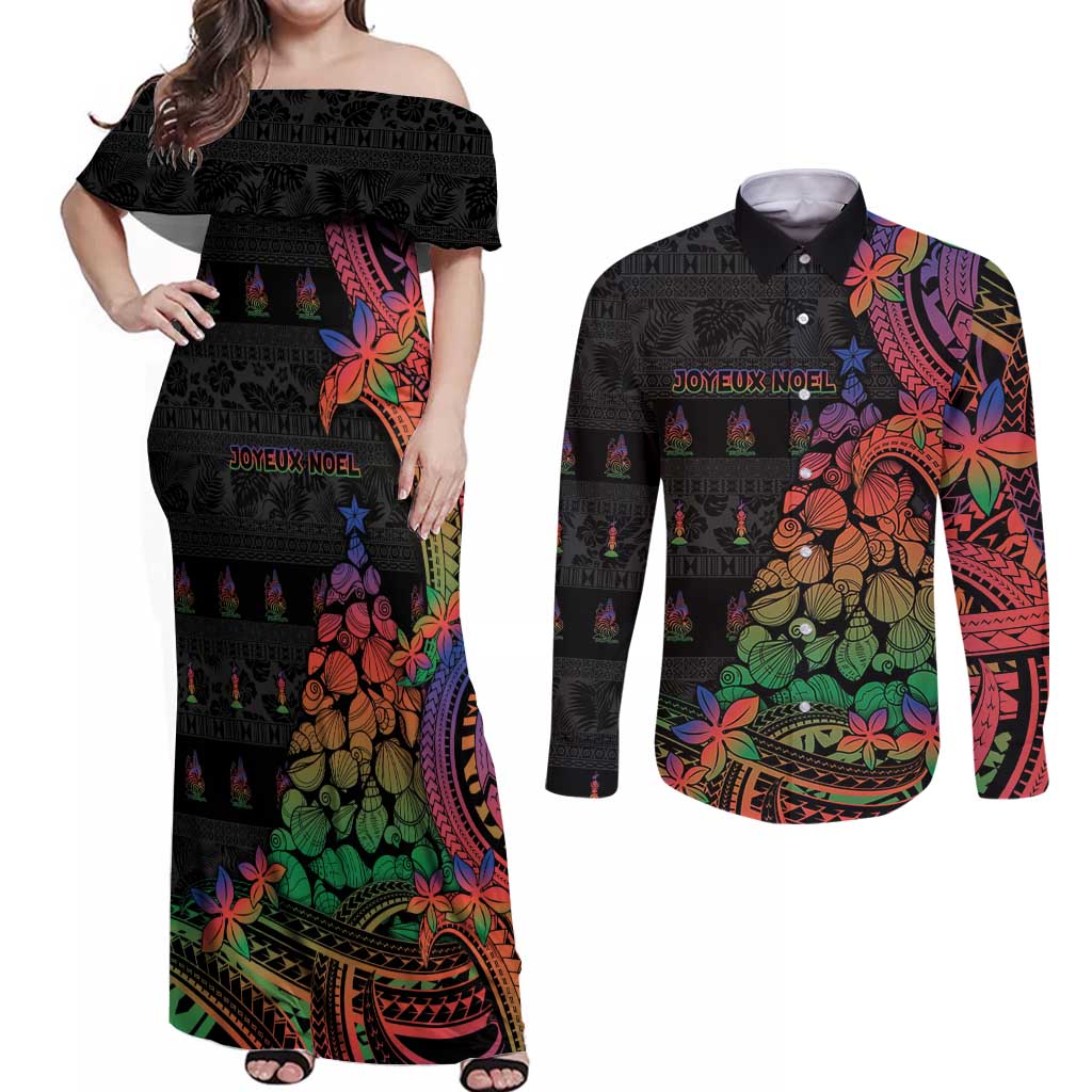 New Caledonia Christmas Couples Matching Off Shoulder Maxi Dress and Long Sleeve Button Shirt Seashell Xmas Tree Tribal Waves DT05 Black - Polynesian Pride
