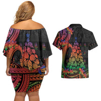 New Caledonia Christmas Couples Matching Off Shoulder Short Dress and Hawaiian Shirt Seashell Xmas Tree Tribal Waves - Polynesian Pride