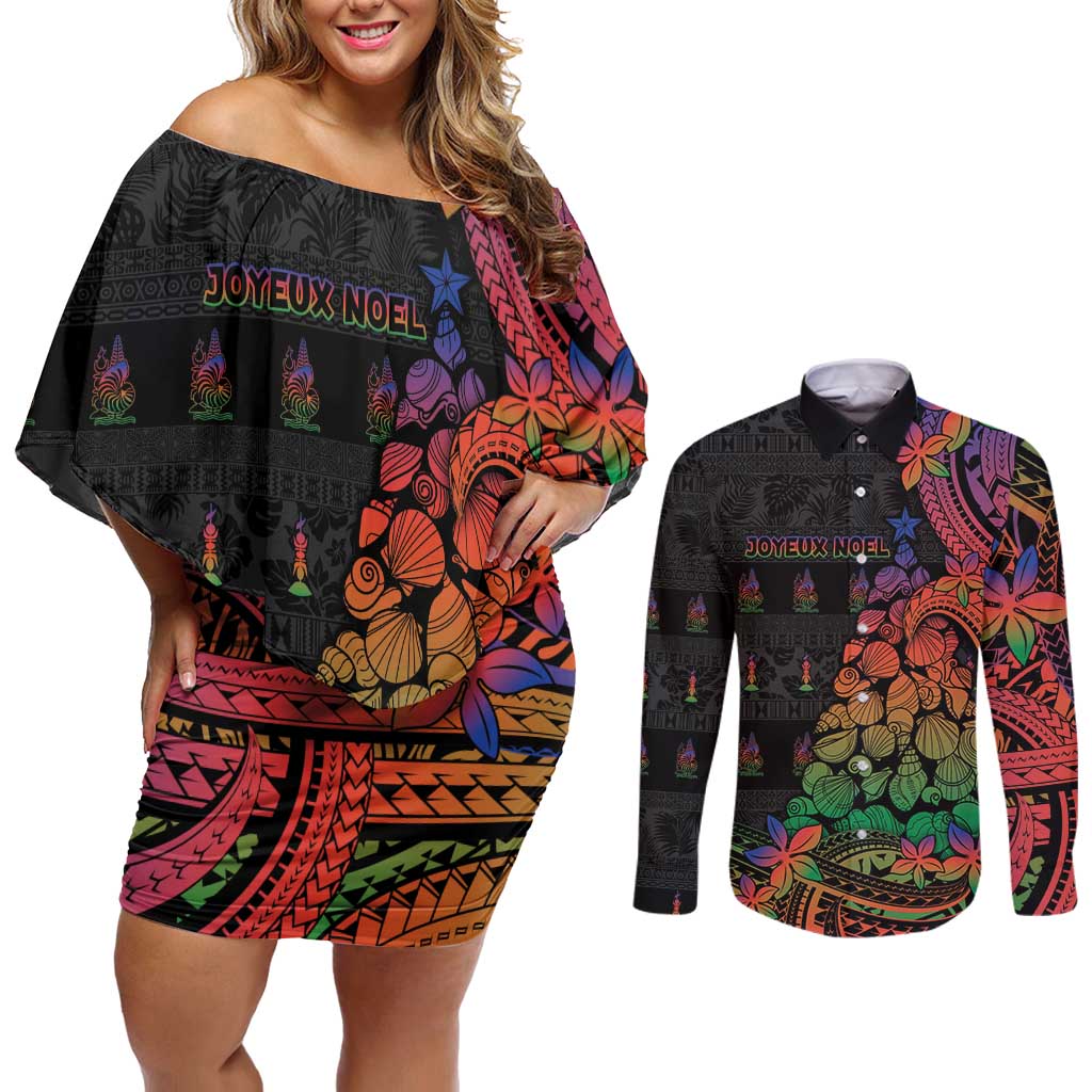 New Caledonia Christmas Couples Matching Off Shoulder Short Dress and Long Sleeve Button Shirt Seashell Xmas Tree Tribal Waves DT05 Black - Polynesian Pride