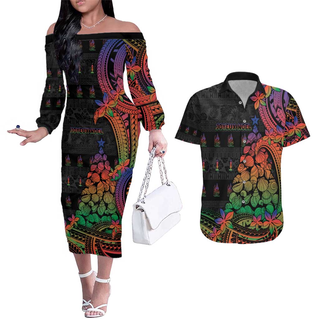 New Caledonia Christmas Couples Matching Off The Shoulder Long Sleeve Dress and Hawaiian Shirt Seashell Xmas Tree Tribal Waves - Polynesian Pride