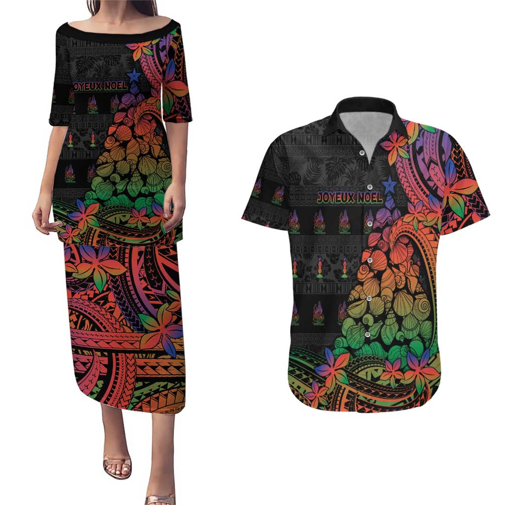 New Caledonia Christmas Couples Matching Puletasi and Hawaiian Shirt Seashell Xmas Tree Tribal Waves DT05 Black - Polynesian Pride
