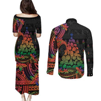 New Caledonia Christmas Couples Matching Puletasi and Long Sleeve Button Shirt Seashell Xmas Tree Tribal Waves DT05 - Polynesian Pride