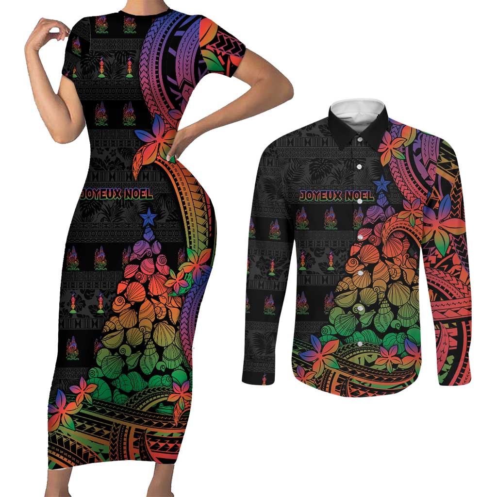 New Caledonia Christmas Couples Matching Short Sleeve Bodycon Dress and Long Sleeve Button Shirt Seashell Xmas Tree Tribal Waves - Polynesian Pride