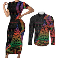 New Caledonia Christmas Couples Matching Short Sleeve Bodycon Dress and Long Sleeve Button Shirt Seashell Xmas Tree Tribal Waves - Polynesian Pride