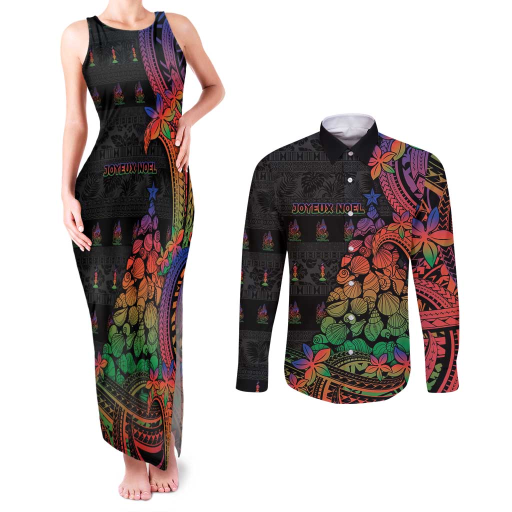 New Caledonia Christmas Couples Matching Tank Maxi Dress and Long Sleeve Button Shirt Seashell Xmas Tree Tribal Waves DT05 Black - Polynesian Pride