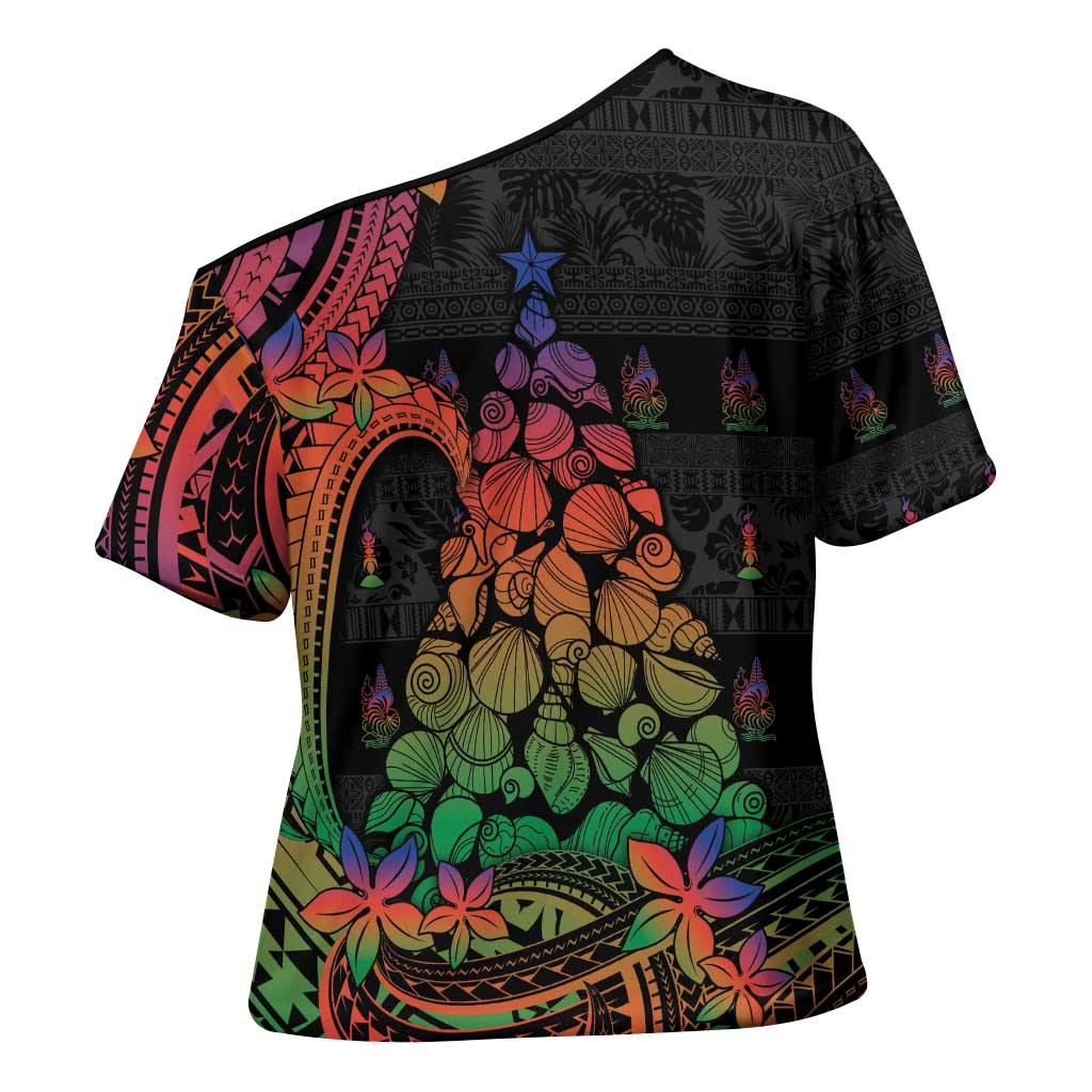 New Caledonia Christmas Cross Shoulder Shirt Seashell Xmas Tree Tribal Waves DT05 - Polynesian Pride