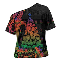 New Caledonia Christmas Cross Shoulder Shirt Seashell Xmas Tree Tribal Waves DT05 - Polynesian Pride