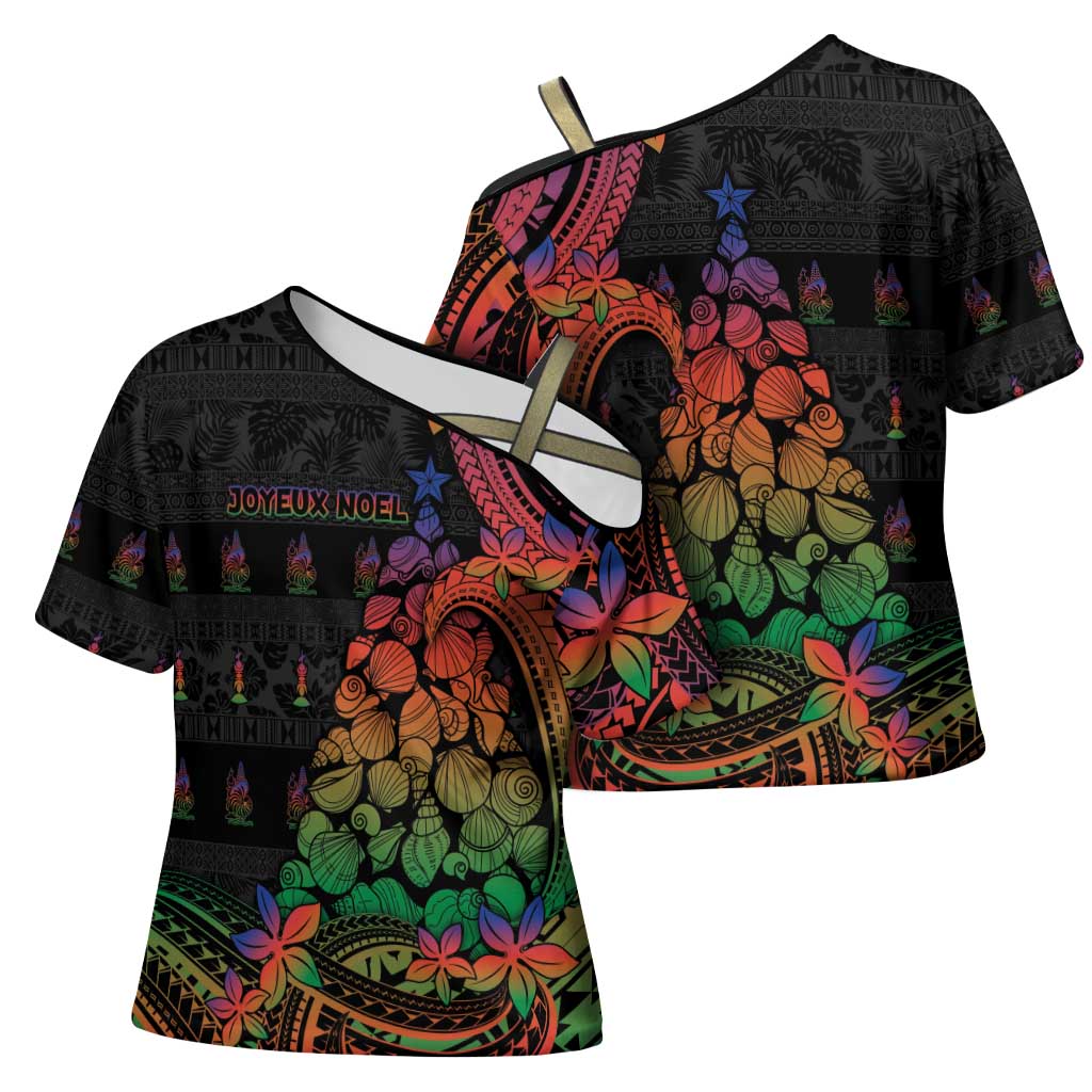 New Caledonia Christmas Cross Shoulder Shirt Seashell Xmas Tree Tribal Waves DT05 - Polynesian Pride