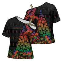 New Caledonia Christmas Cross Shoulder Shirt Seashell Xmas Tree Tribal Waves DT05 - Polynesian Pride