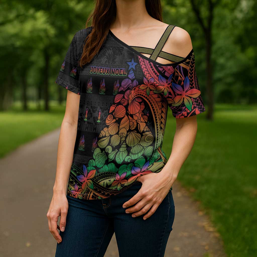 New Caledonia Christmas Cross Shoulder Shirt Seashell Xmas Tree Tribal Waves DT05 - Polynesian Pride