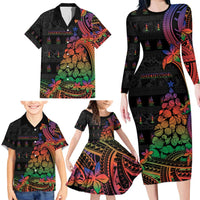 New Caledonia Christmas Family Matching Long Sleeve Bodycon Dress and Hawaiian Shirt Seashell Xmas Tree Tribal Waves - Polynesian Pride