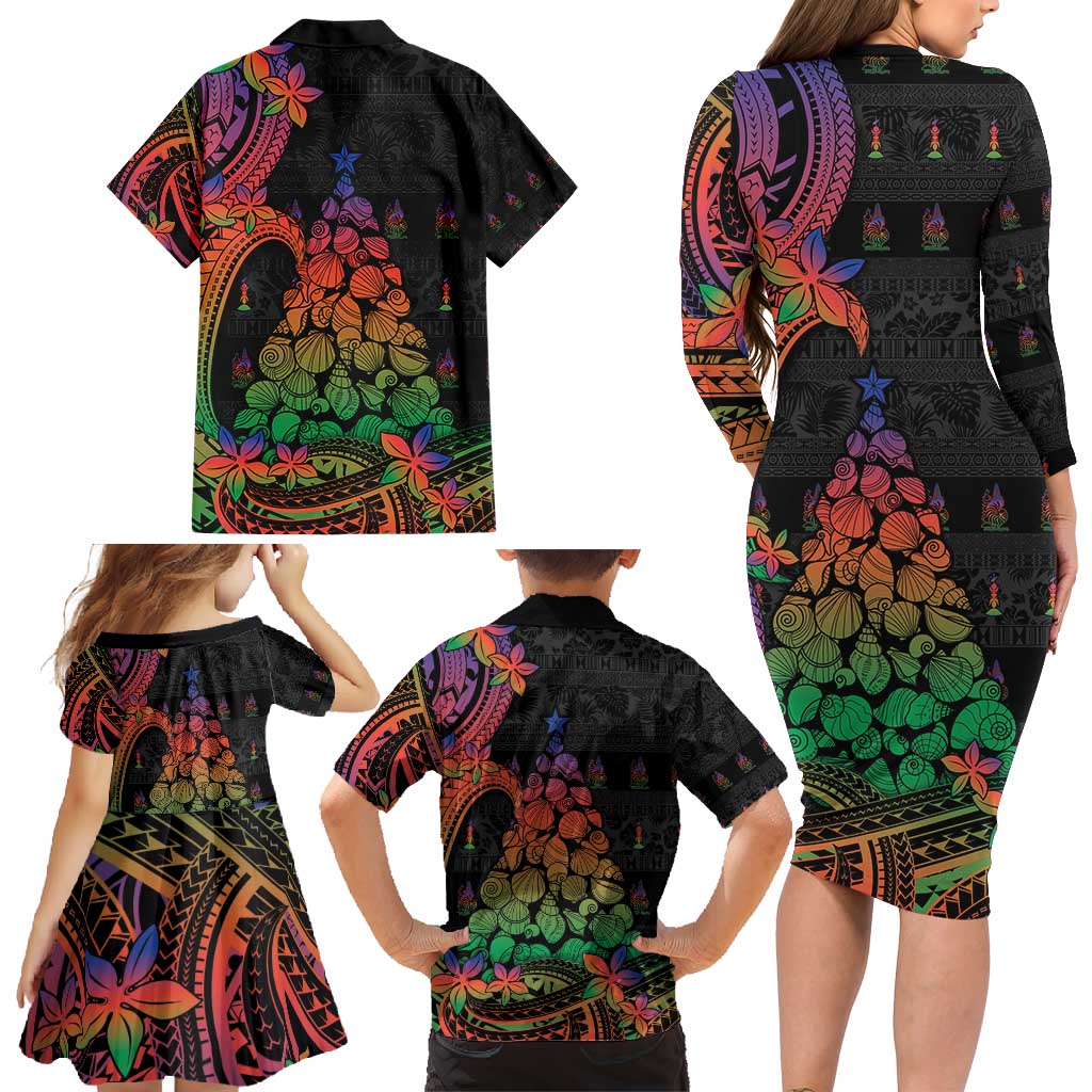 New Caledonia Christmas Family Matching Long Sleeve Bodycon Dress and Hawaiian Shirt Seashell Xmas Tree Tribal Waves - Polynesian Pride