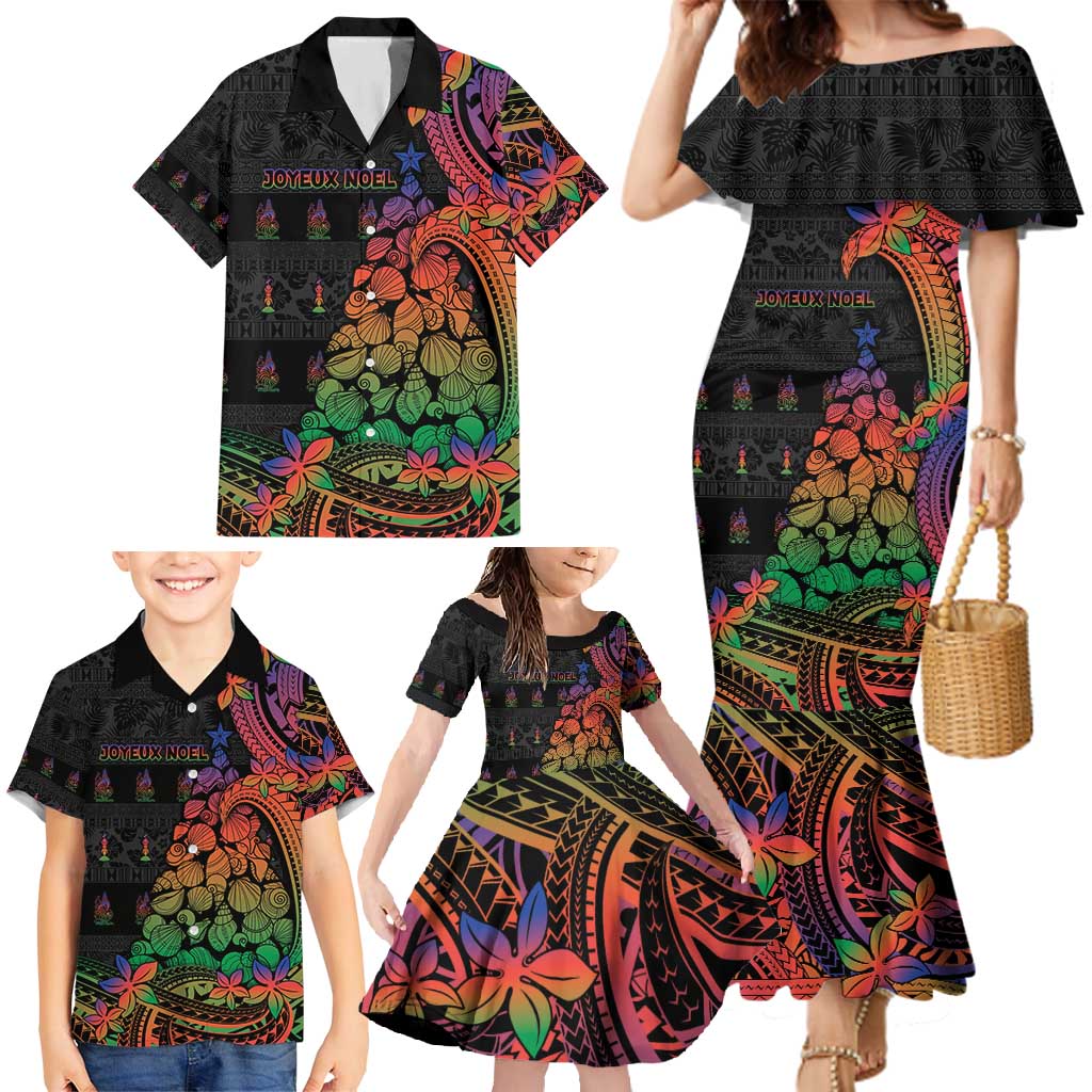 New Caledonia Christmas Family Matching Mermaid Dress and Hawaiian Shirt Seashell Xmas Tree Tribal Waves - Polynesian Pride