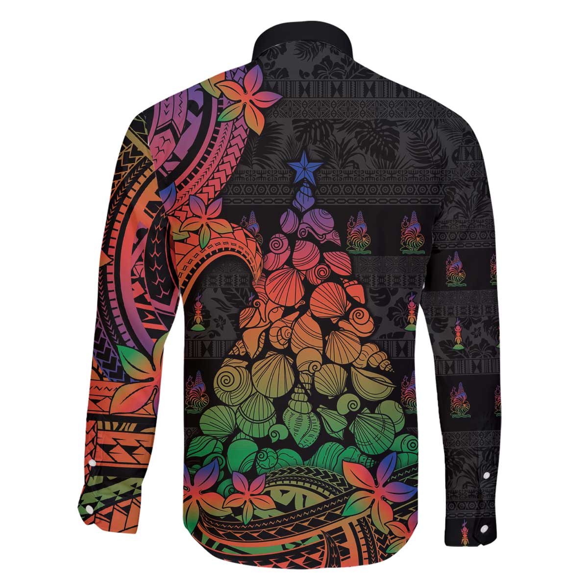 New Caledonia Christmas Family Matching Off The Shoulder Long Sleeve Dress and Hawaiian Shirt Seashell Xmas Tree Tribal Waves - Polynesian Pride