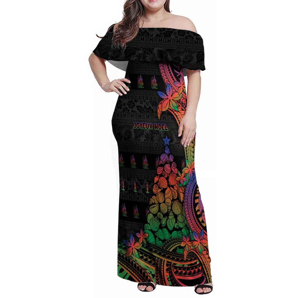 New Caledonia Christmas Family Matching Off Shoulder Maxi Dress and Hawaiian Shirt Seashell Xmas Tree Tribal Waves - Polynesian Pride