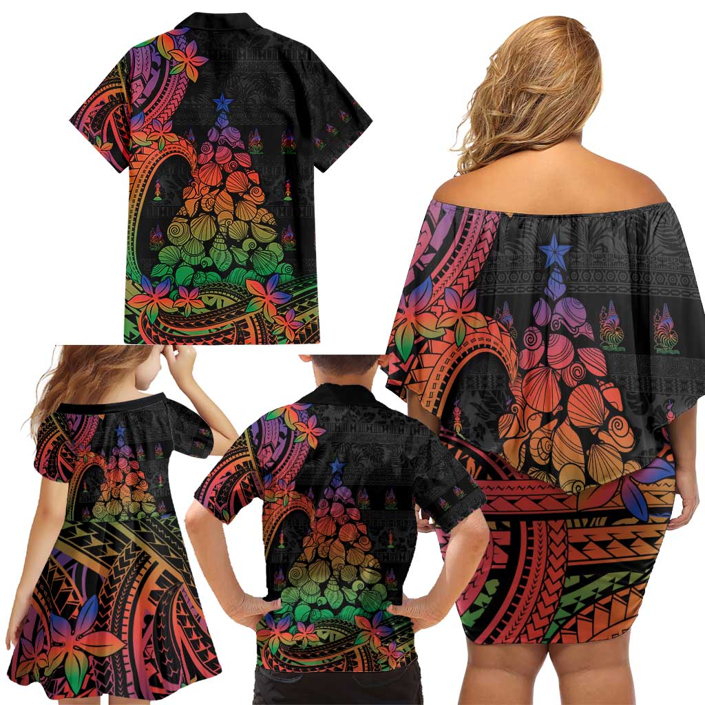 New Caledonia Christmas Family Matching Off Shoulder Short Dress and Hawaiian Shirt Seashell Xmas Tree Tribal Waves - Polynesian Pride