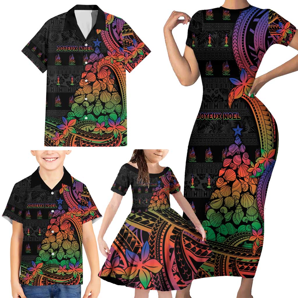New Caledonia Christmas Family Matching Short Sleeve Bodycon Dress and Hawaiian Shirt Seashell Xmas Tree Tribal Waves - Polynesian Pride