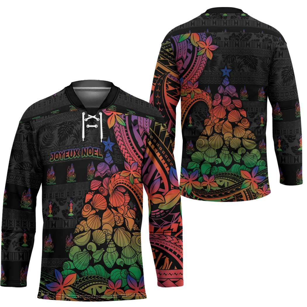 New Caledonia Christmas Hockey Jersey Seashell Xmas Tree Tribal Waves - Polynesian Pride