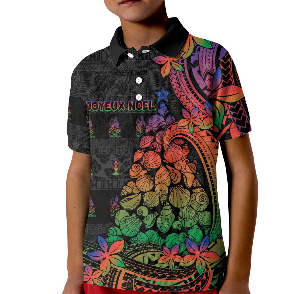 New Caledonia Christmas Kid Polo Shirt Seashell Xmas Tree Tribal Waves DT05 Kid Black - Polynesian Pride