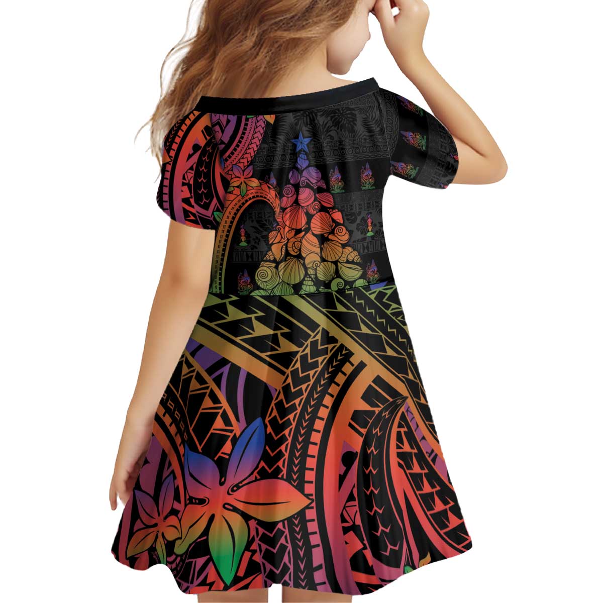 New Caledonia Christmas Kid Short Sleeve Dress Seashell Xmas Tree Tribal Waves - Polynesian Pride