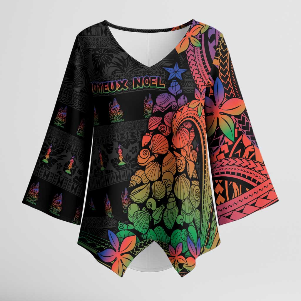 New Caledonia Christmas Kimono Sleeve Blouse Seashell Xmas Tree Tribal Waves DT05 Female Black - Polynesian Pride