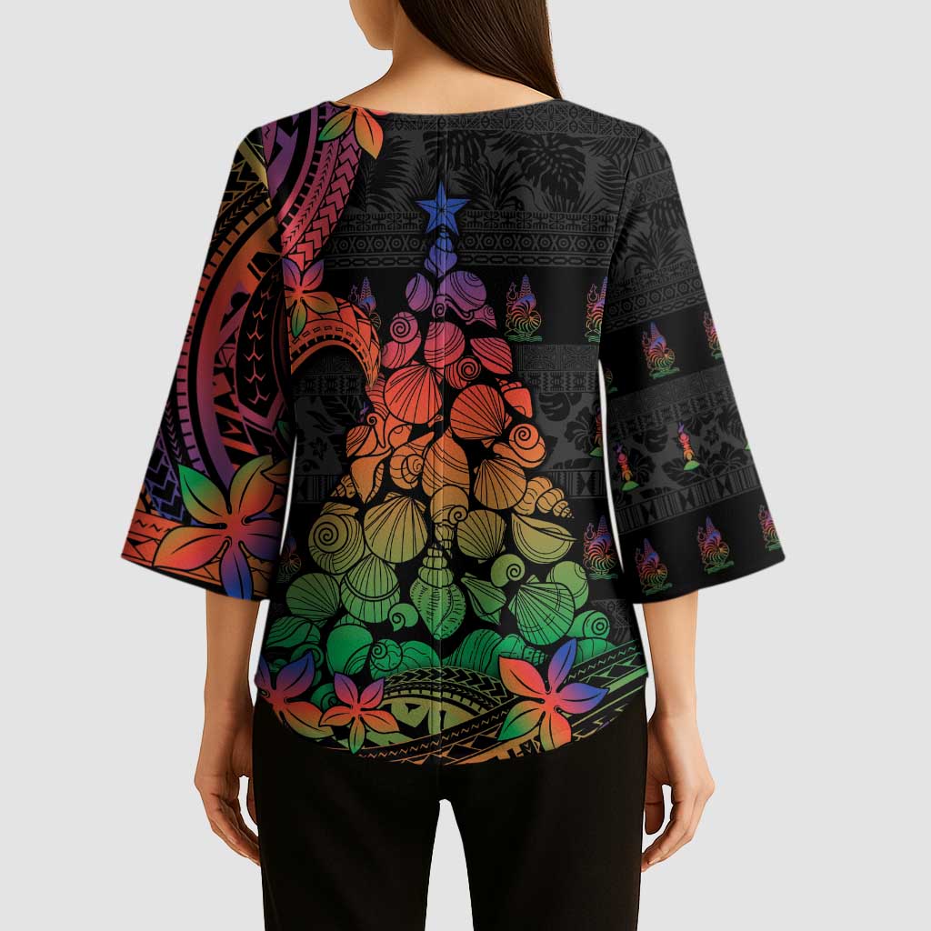 New Caledonia Christmas Kimono Sleeve Blouse Seashell Xmas Tree Tribal Waves DT05 - Polynesian Pride