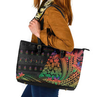 New Caledonia Christmas Leather Tote Bag Seashell Xmas Tree Tribal Waves - Polynesian Pride