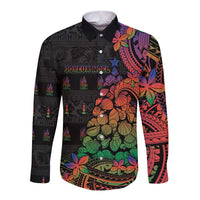 New Caledonia Christmas Long Sleeve Button Shirt Seashell Xmas Tree Tribal Waves DT05 Unisex Black - Polynesian Pride