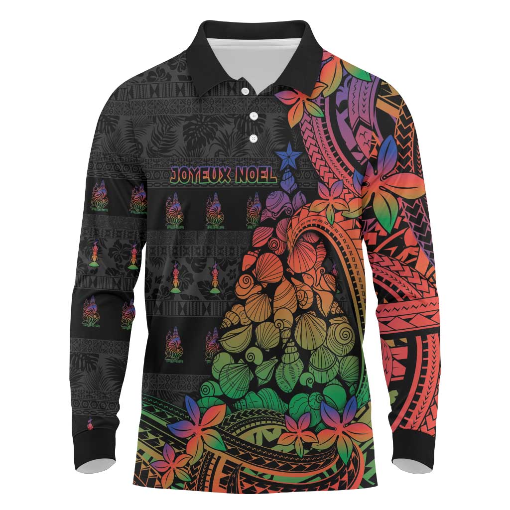 New Caledonia Christmas Long Sleeve Polo Shirt Seashell Xmas Tree Tribal Waves DT05 Black - Polynesian Pride