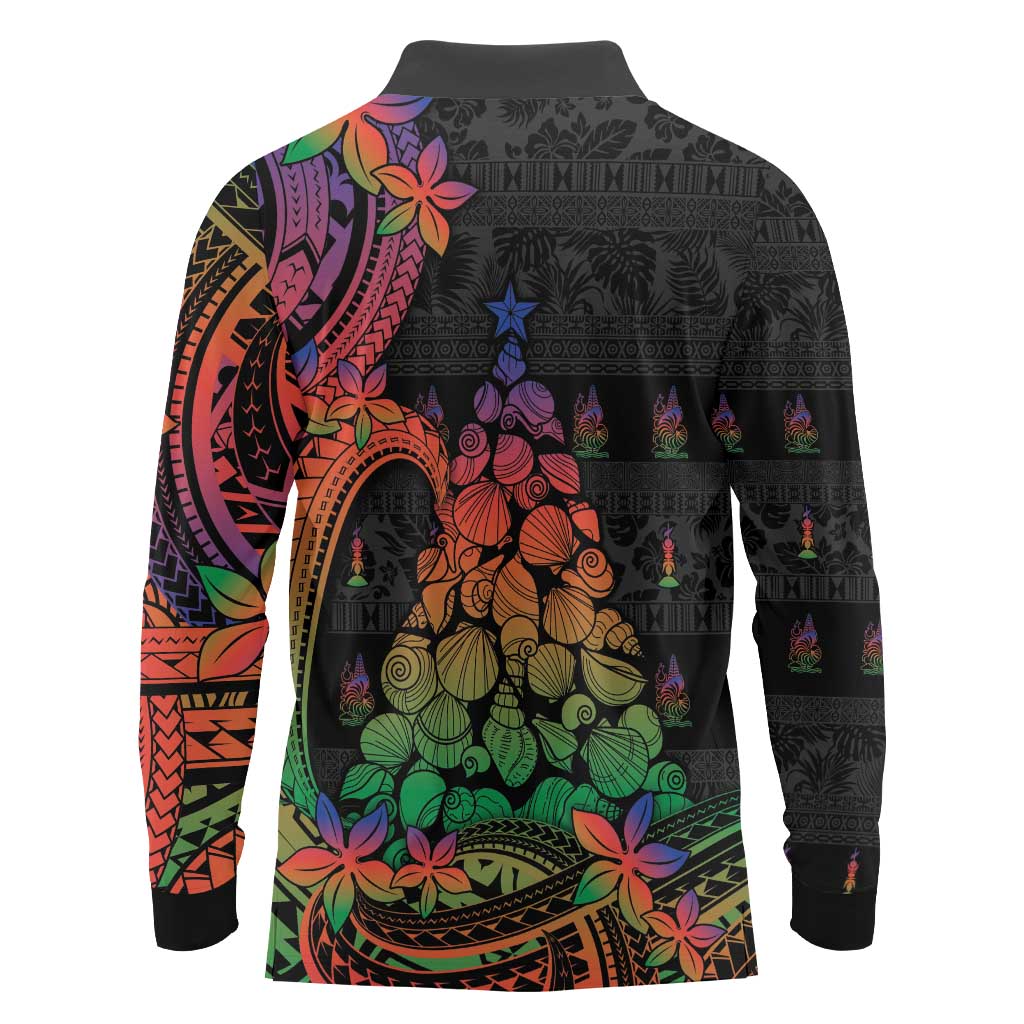 New Caledonia Christmas Long Sleeve Polo Shirt Seashell Xmas Tree Tribal Waves DT05 - Polynesian Pride