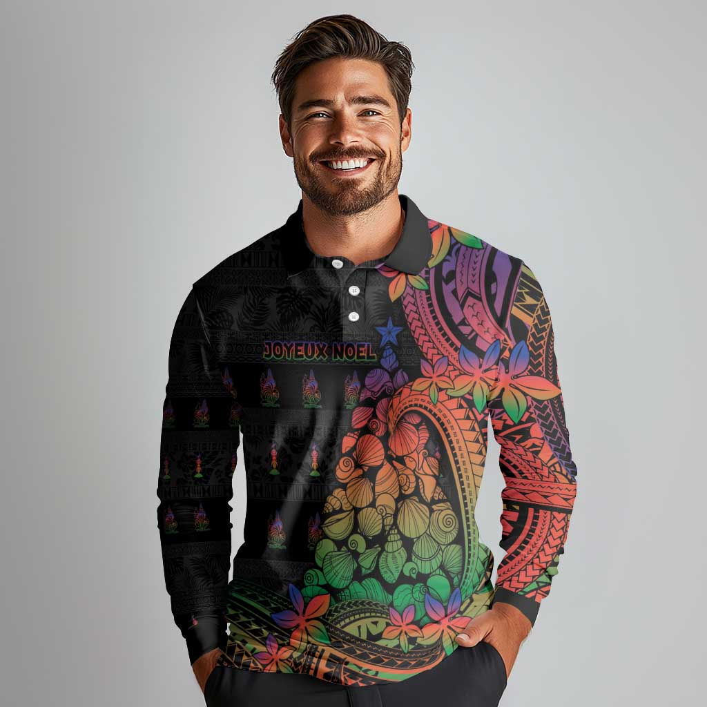 New Caledonia Christmas Long Sleeve Polo Shirt Seashell Xmas Tree Tribal Waves DT05 - Polynesian Pride