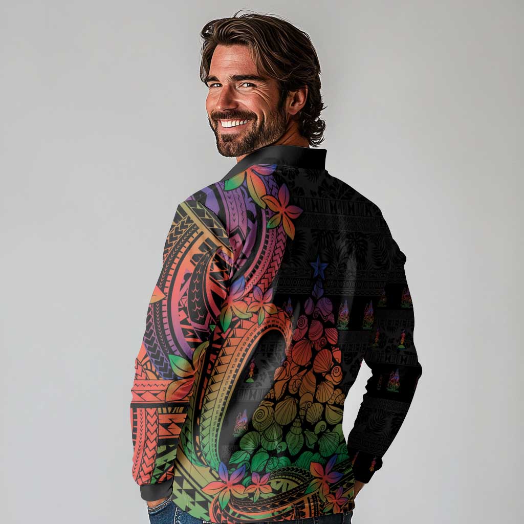 New Caledonia Christmas Long Sleeve Polo Shirt Seashell Xmas Tree Tribal Waves DT05 - Polynesian Pride