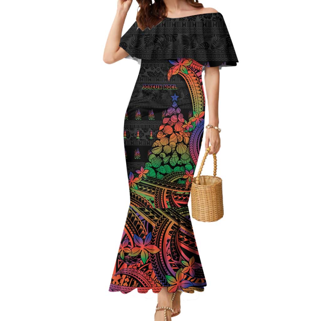 New Caledonia Christmas Mermaid Dress Seashell Xmas Tree Tribal Waves DT05 Women Black - Polynesian Pride