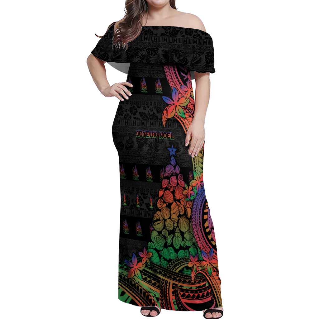 New Caledonia Christmas Off Shoulder Maxi Dress Seashell Xmas Tree Tribal Waves DT05 Women Black - Polynesian Pride