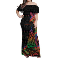 New Caledonia Christmas Off Shoulder Maxi Dress Seashell Xmas Tree Tribal Waves DT05 Women Black - Polynesian Pride