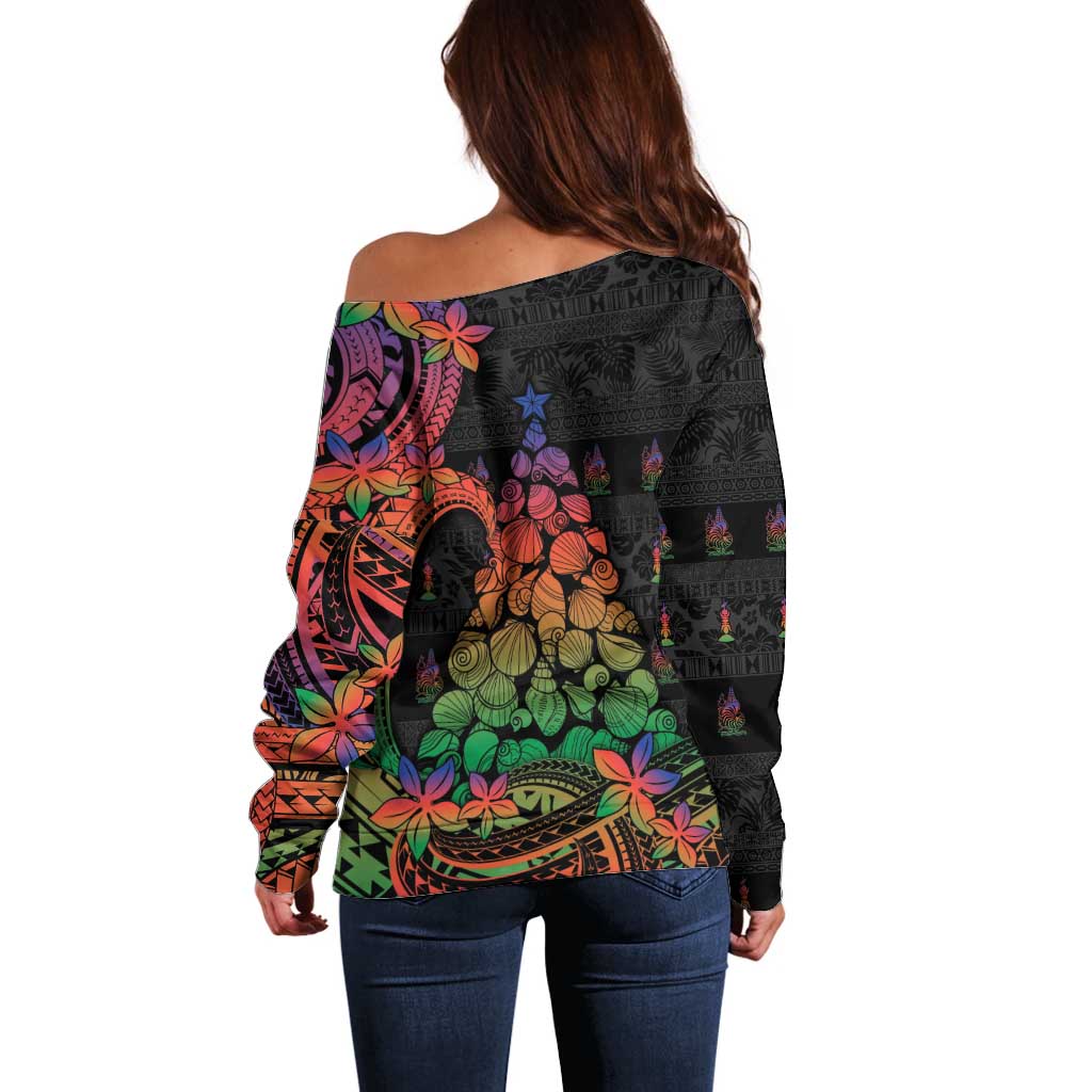 New Caledonia Christmas Off Shoulder Sweater Seashell Xmas Tree Tribal Waves - Polynesian Pride